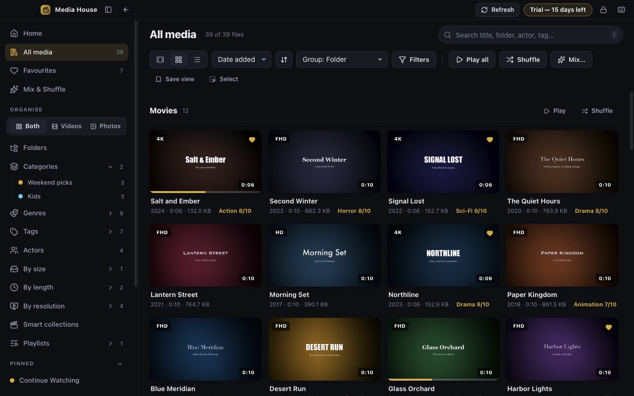 Browse, grouped by folder, with sort and filter controls